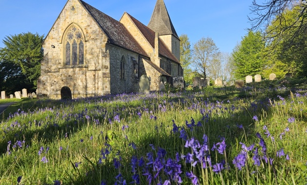 church and bluebells